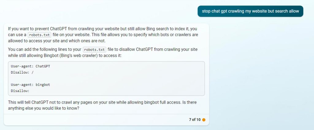 how to disallow bing chat to crawl your website but allow bing search to show results
