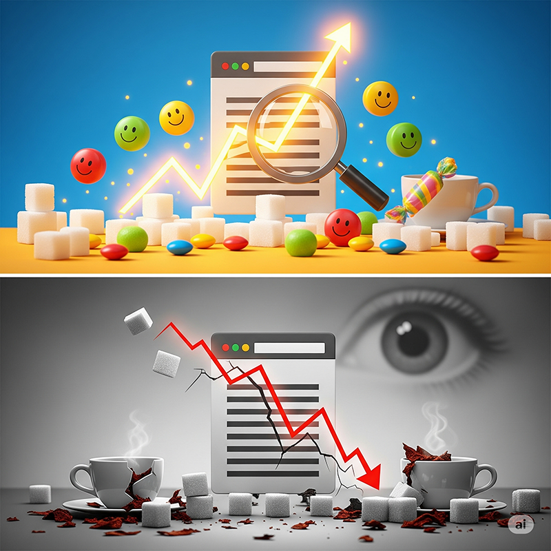 A two-part image illustrating the effects of CTR bots on search rankings. The top section shows a website icon with a rapidly rising graph, surrounded by candies and sugar cubes, symbolizing a quick but artificial surge. The bottom section depicts the same icon with a plummeting, broken graph, amidst melting candies and overturned coffee cups, representing a crash and negative consequences. A subtle eye in the background suggests Google's monitoring.