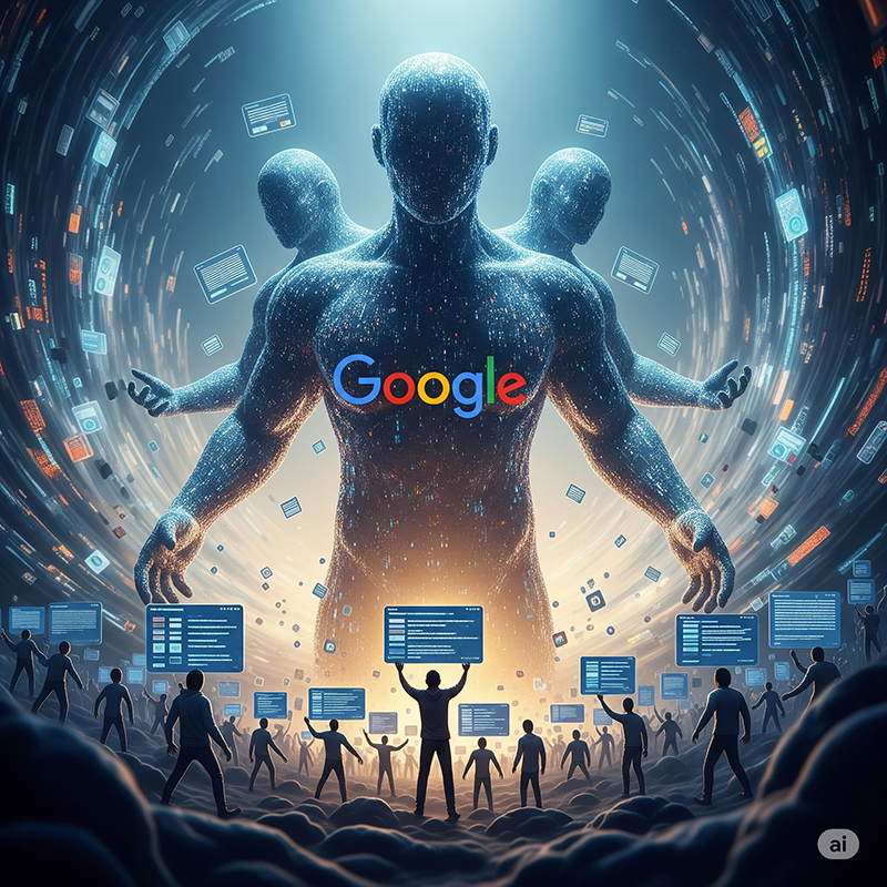 image depicting a large entity representing Google triumphing over smaller figures symbolizing content creators